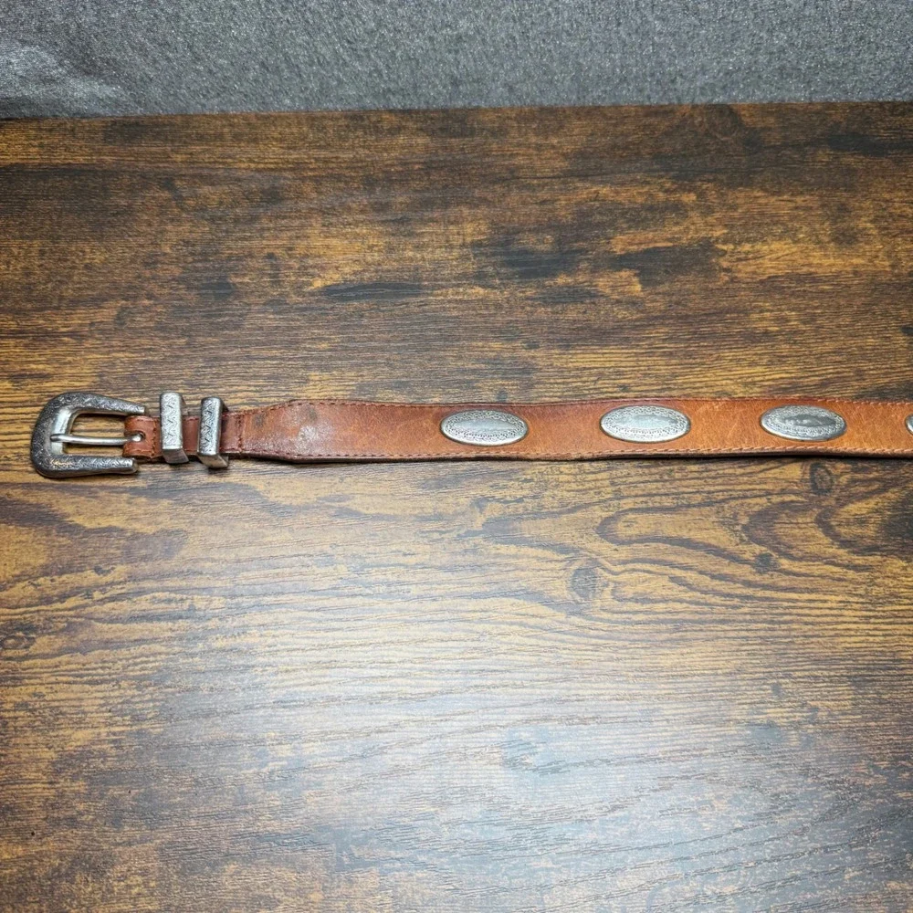 Vintage Western Leather Concho Belt Brown Silver Etched Buckle Boho Equestrian